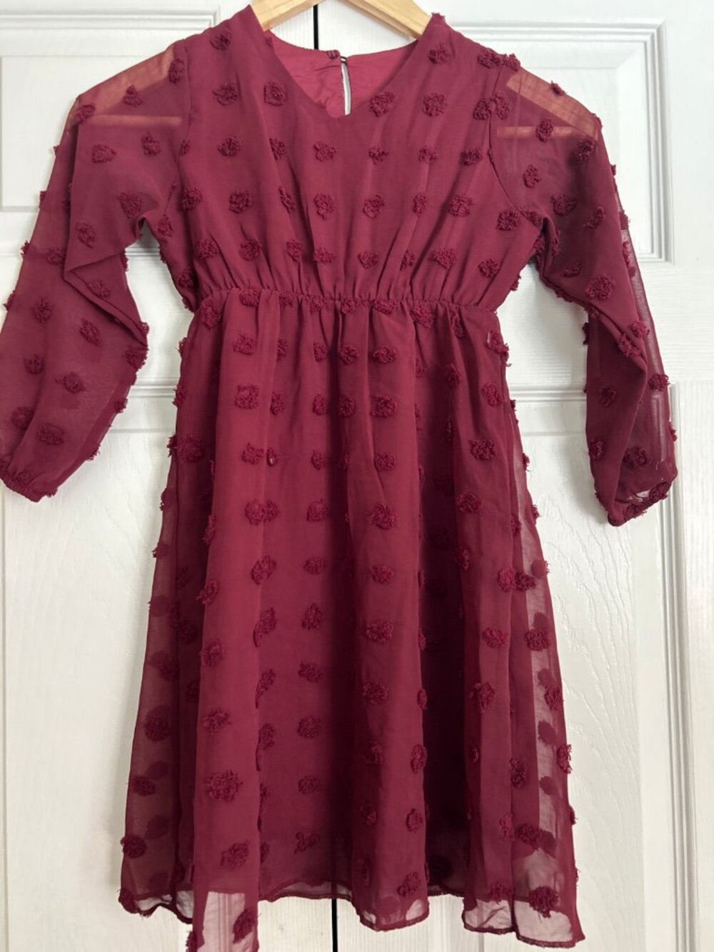 Burgundy Swiss Dot Dress Long Sheer Sleeves V-Neck Flowy Size 5